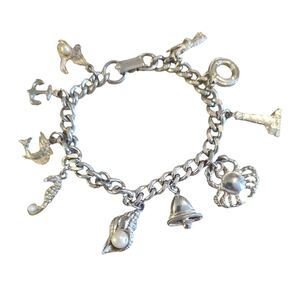 Chunky Charm Bracelet, Vintage Nautical Ocean Vacation Theme, Silvertone